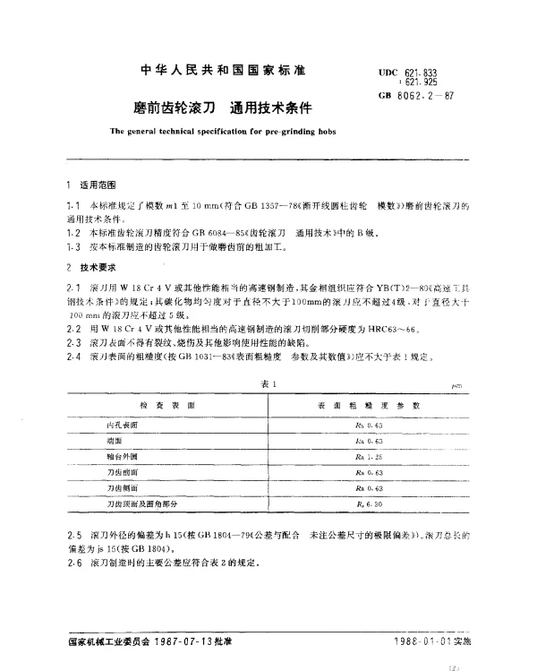 GB 8062.2-1987 磨前齿轮滚刀 通用技术条件