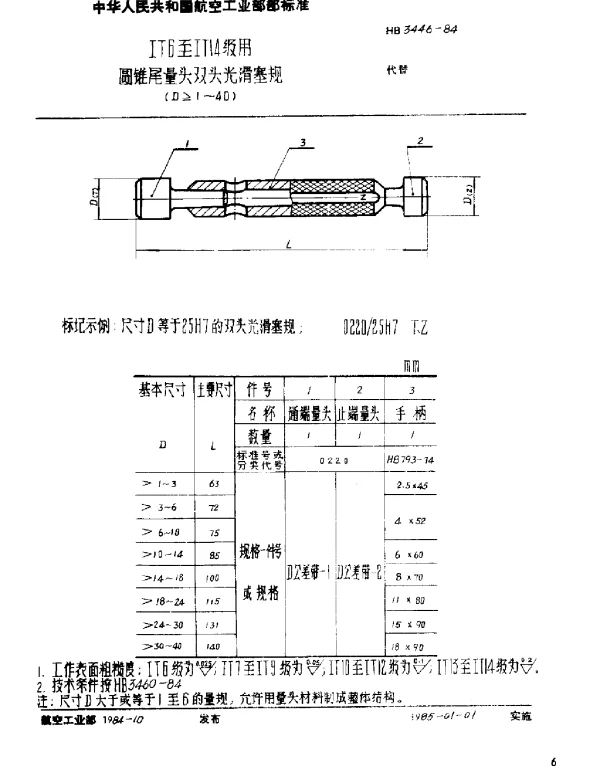 HB 3446-1984 IT6至IT14级用圆锥尾量头双头光滑塞规(D≥1~40)