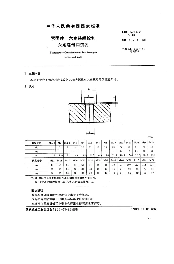 GB 152.4-1988 紧固件 六角头螺栓和六角螺母用沉孔