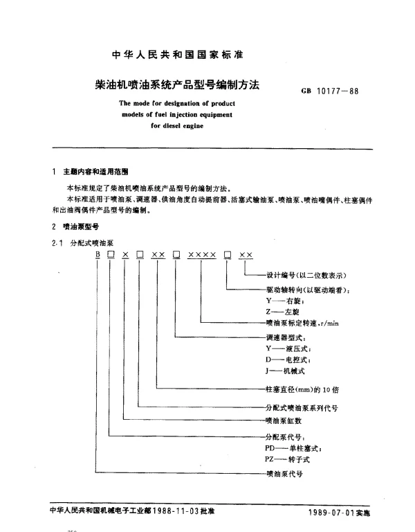 GB 10177-1988 柴油机喷油系统产品型号编制方法