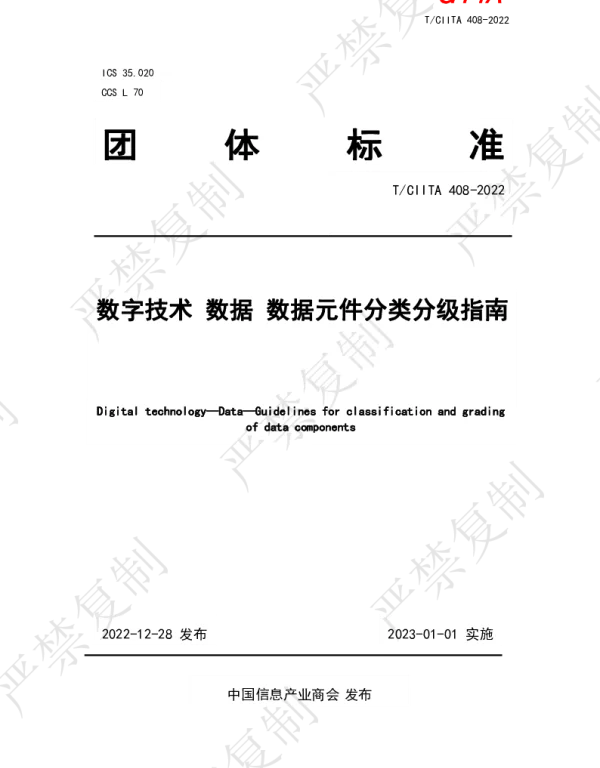 TCIITA 408-2022 数字技术 数据 数据元件分类分级指南