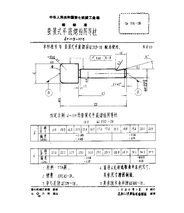 QJ 392-1978 套装式平底锪钻用导柱(d=11.9~37.5)