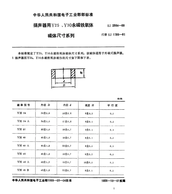 SJ 2884-1988 扬声器用Y25、Y30永磁铁氧体磁体尺寸系列