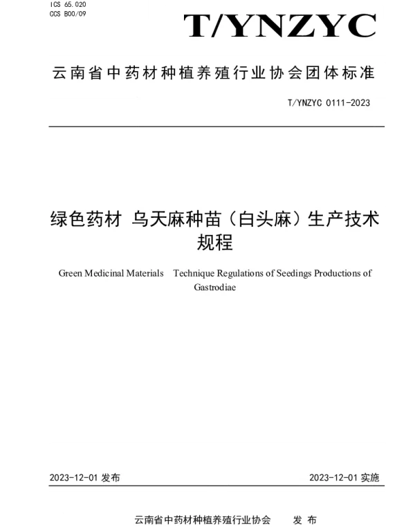 TYNZYC 0111-2023 绿色药材 乌天麻种苗（白头麻）生产技术规程