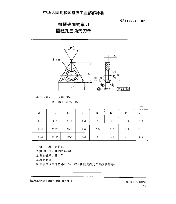 QJ 1133.27-1987 机械夹固式车刀 圆柱孔三角形刀垫