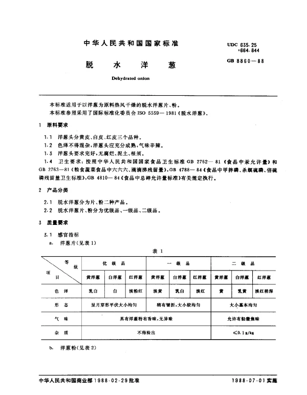 GB 8860-1988 脱水洋葱