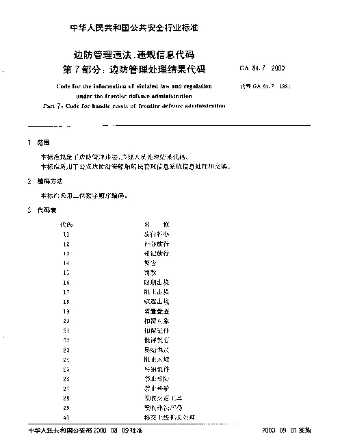 GA 84.7-2000 边防管理违法、违规信息代码.第7部分：边防管理处理结果代码