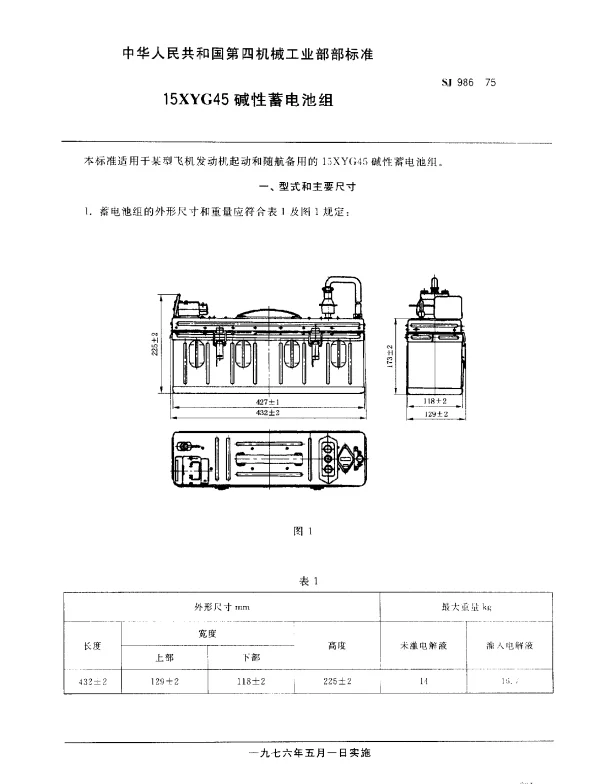 SJ 986-1975 15XYG45碱性蓄电池组