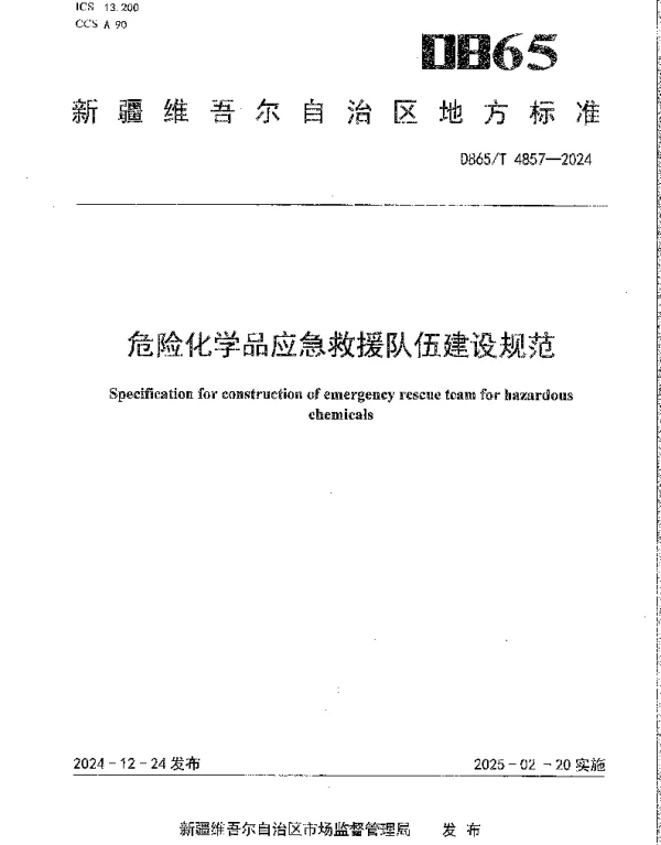 DB65T 4857-2024 危险化学品应急救援队伍建设规范