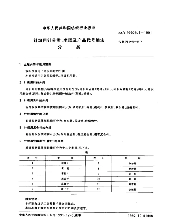 FZT 90029.1-1991 针织用针分类、术语及产品代号编法 分类
