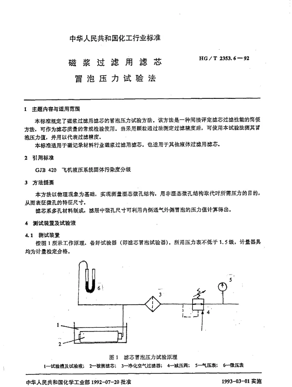 HGT 2353.6-1992 磁浆过滤用滤芯.冒泡压力测试方法