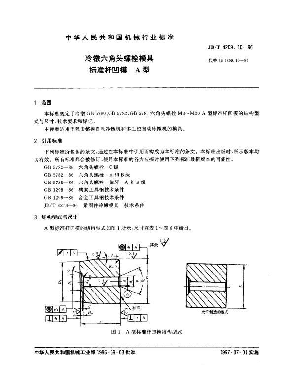 JBT 4209.10-1996 冷镦六角头螺栓模具.标准杆凹模.A型