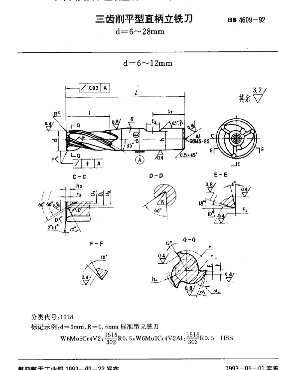 HB 4609-1992 三齿削平型直柄立铣刀.d=6~28mm