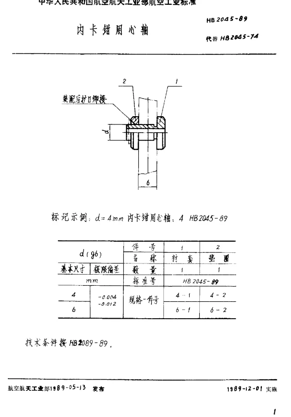 HB 2045-1989 内卡钳用心轴