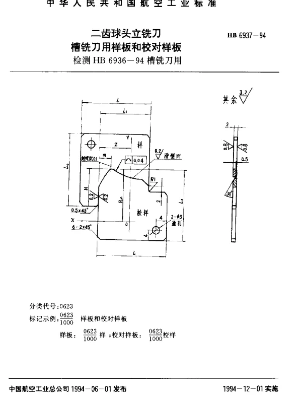 HB 6937-1994 二齿球头立铣刀槽铣刀用样板和校对样板.检测HB 6936-94槽铣刀用