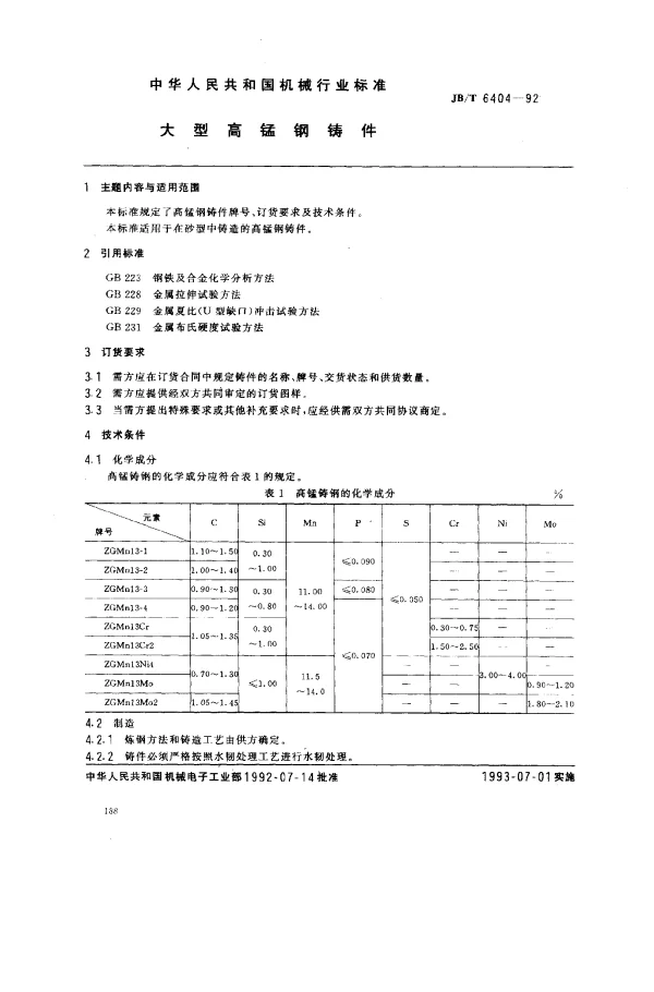 JBT 6404-1992 大型高锰钢铸件