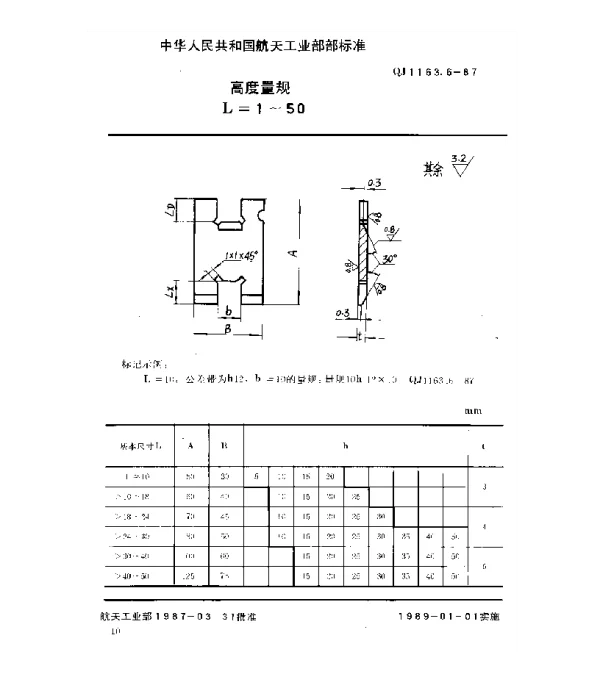 QJ 1163.6-1987 深度、高度、长度极限量规型式尺寸 高度量规(L=1~50)