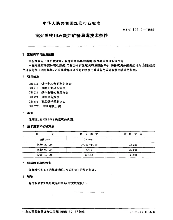 MTT 511.2-1995 高炉喷吹用石炭井矿务局煤技术条件