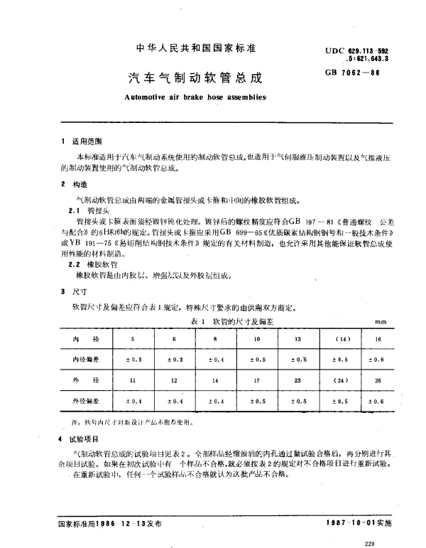 GB 7062-1986 汽车气制动软管总成
