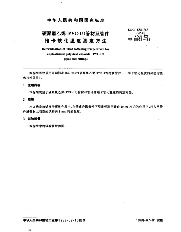 GB 8802-1988 硬聚氯乙烯（PVC-U）管材及管件维卡软化温度测定方法
