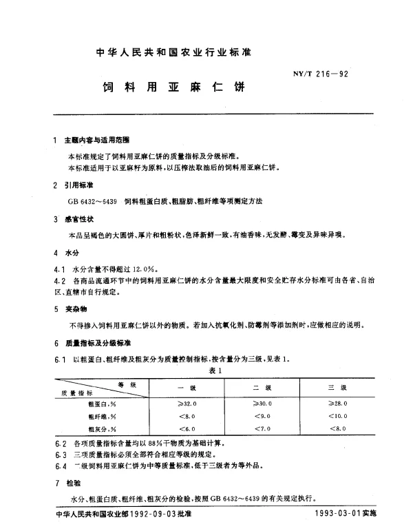 NYT 216-1992 饲料用亚麻仁饼