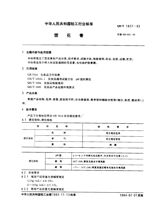 QBT 1857-1993 雪花膏