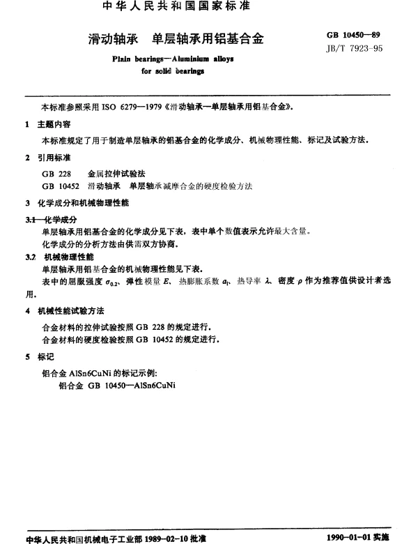 JBT 7923-1995 滑动轴承单层轴承用铝基合金