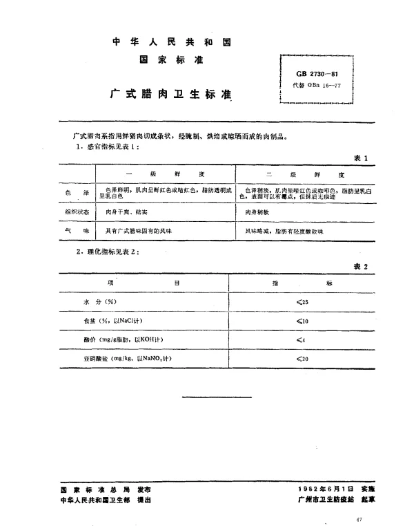 GB 2730-1981 广式腊肉卫生标准