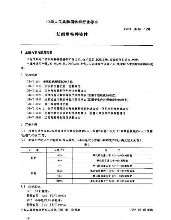 FZT 96002-1991 纺织用特种瓷件