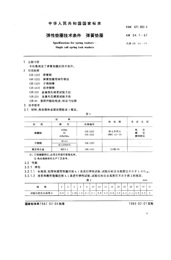 GB 94.1-1987 弹性垫圈技术条件 弹簧垫圈