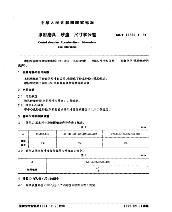 GBT 15305.4-1994 涂附磨具 砂盘 尺寸和公差