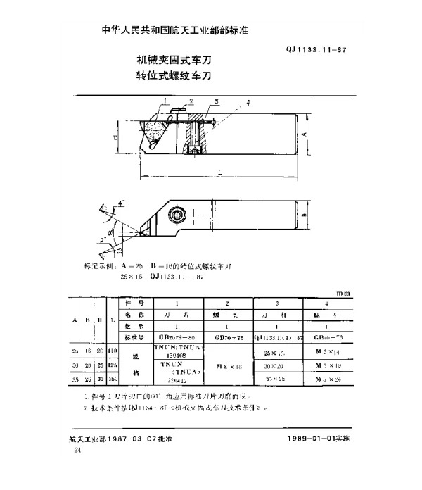 QJ 1133.11-1987 机械夹固式车刀 转位式螺纹车刀