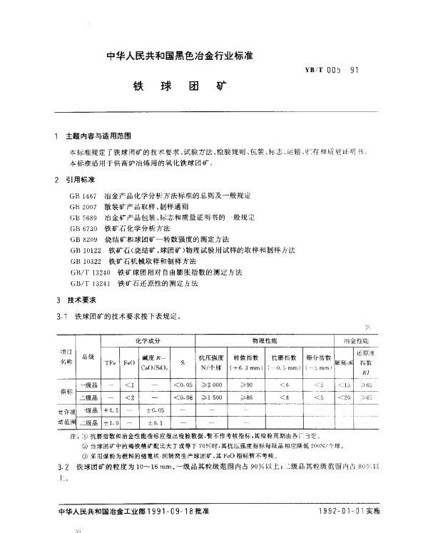 YBT 005-1991 铁球团矿