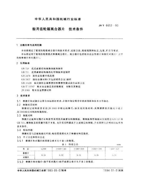 JBT 6652-1993 船用齿轮箱离合器片.技术条件