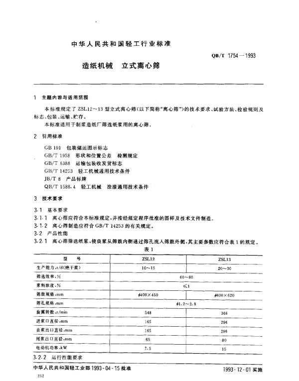 QBT 1754-1993 造纸机械.立式离心筛