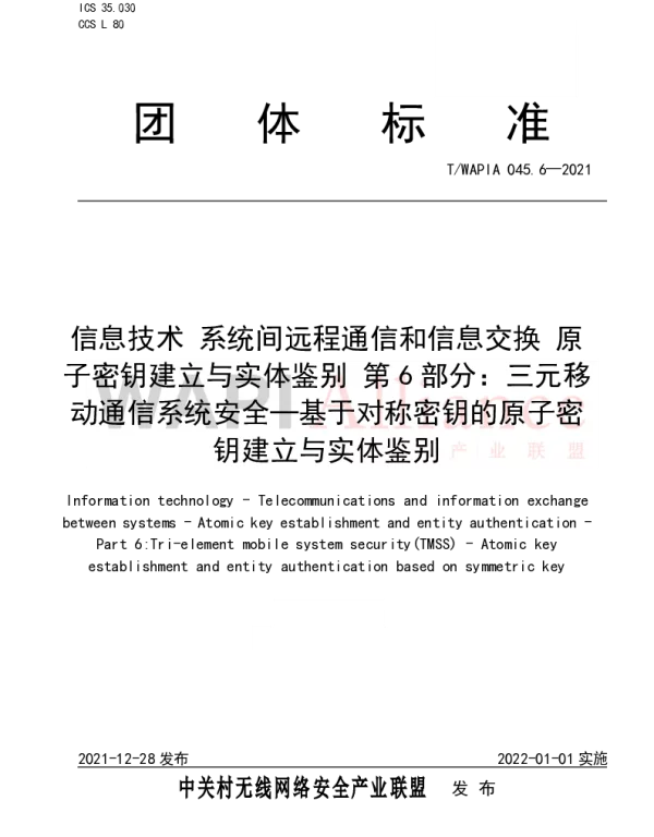TWAPIA 045.6-2021 信息技术 系统间远程通信和信息交换 原子密钥建立与实体鉴别 第6部