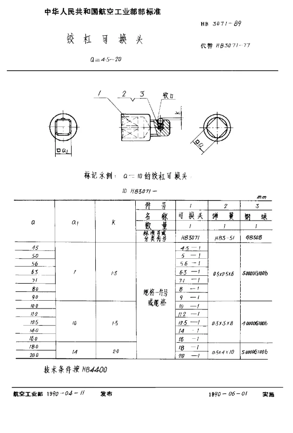HB 3071-1989 铰杠可换头 a=4.5~20