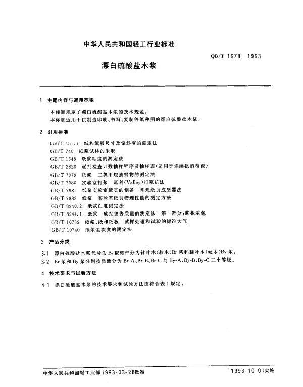 QBT 1678-1993 漂白硫酸盐木浆