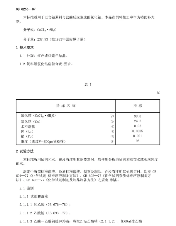 GB 8255-1987 饲料级氯化钴