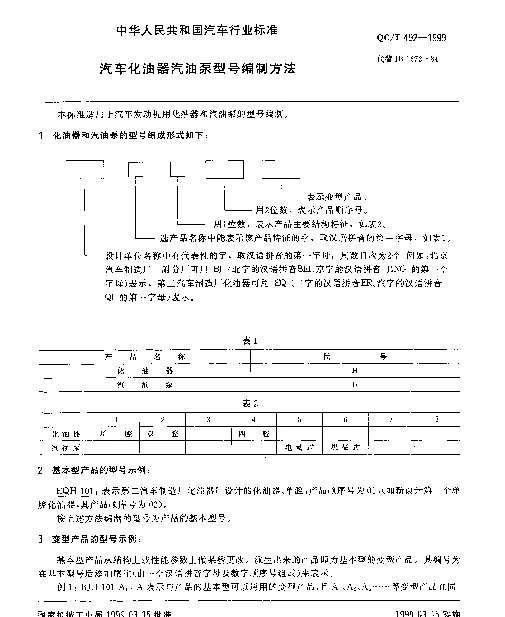 QCT 492-1999 汽车化油器、汽油泵型号编制方法