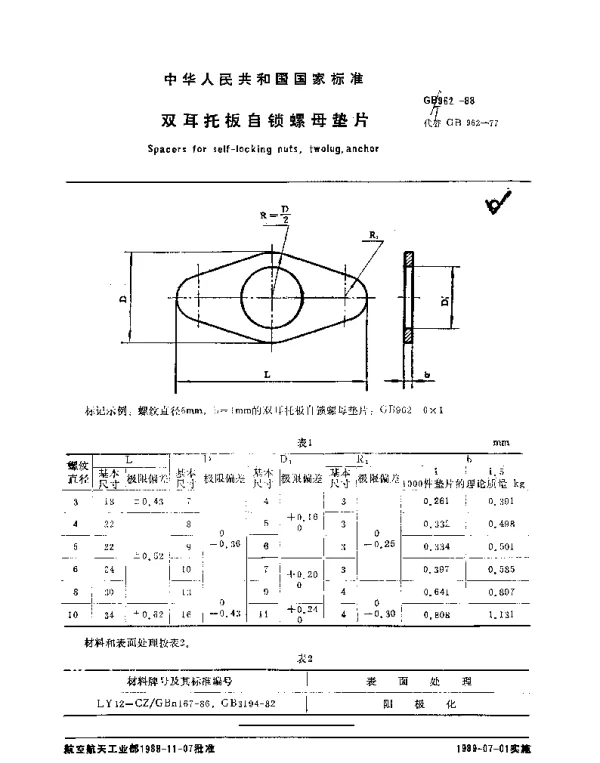 GBT 962-1988 双耳托板自锁螺母垫片