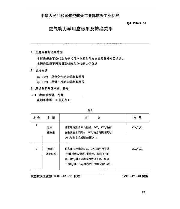 QJ 1916.9-1990 空气动力数据库数据元 空气动力学用座标系及转换关系