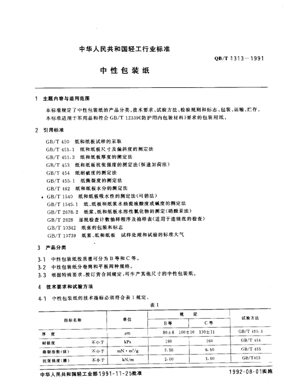 QBT 1313-1991 中性包装纸