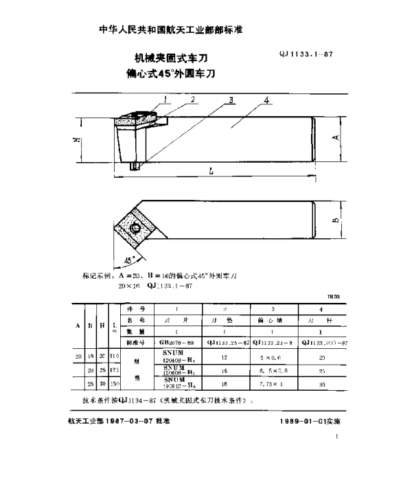 QJ 1133.1-1987 机械夹固式车刀 偏心式45°外圆车刀