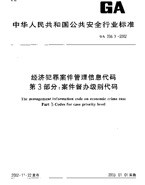 GA 398.3-2002 经济犯罪案件信息管理代码 第3部分：案件督办级别代码