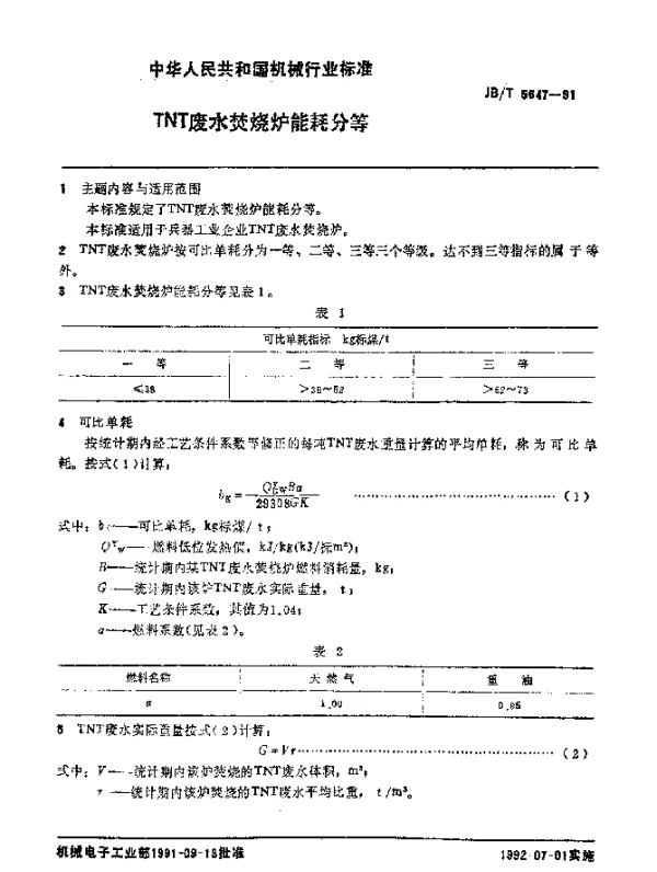 JBT 5647-1991 TNT废水焚烧炉 能耗分等