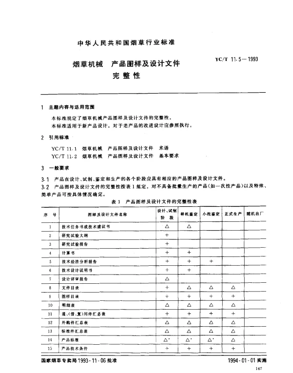 YCT 11.5-1993 烟草机械 产品图样及设计文件完整性