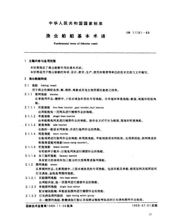 GB 11781-1989 渔业船舶基本术语