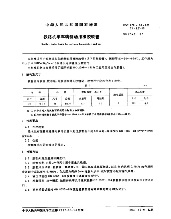 GB 7542-1987 铁路机车车辆制动用像胶软管