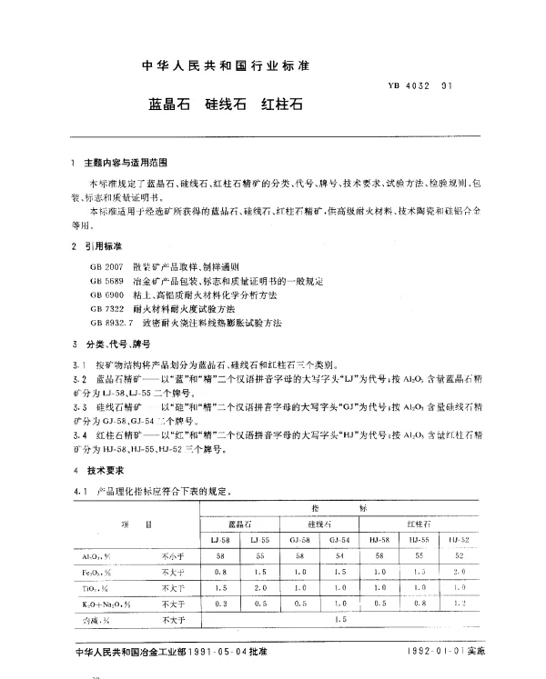 YB 4032-1991 蓝晶石  硅线石  红柱石